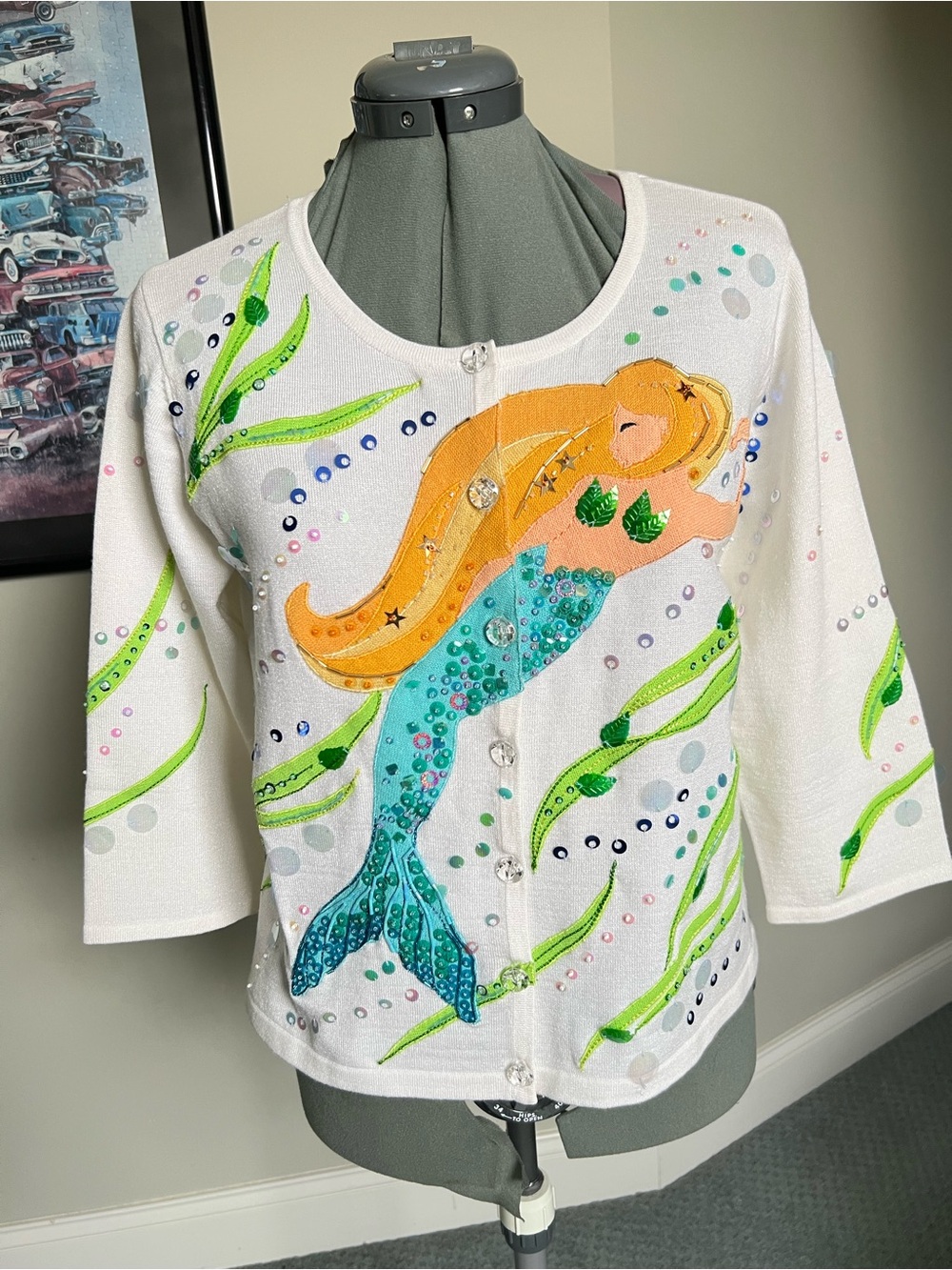 Design Options M Embellished Mermaid Cardigan Sweater Colorful